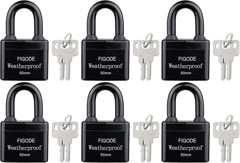 FIGODE ® Outdoor Waterproof Padlocks, Covered Heavy Duty Laminated Steel Locks, Large Sturdy Locks, 2.2 in. Wide, 6 Locks Same Key, Standard Shackle - Image 1